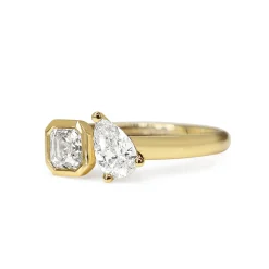 18ct Yellow Gold Asscher and Pear Diamond Moi et Toi Ring