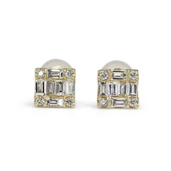 18ct Yellow Gold Baguette and Brilliant Cut Diamond Square Cluster Earrings