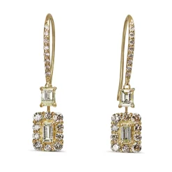 18ct Yellow Gold Baguette Diamond Halo Drop Earrings