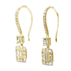 18ct Yellow Gold Baguette Diamond Halo Drop Earrings