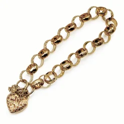 9ct Yellow Gold Belcher Link Etched Bracelet with Heart Padlock Clasp
