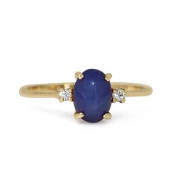 14ct Yellow Gold Cabochon Star Sapphire and Single Cut Diamond 3 Stone Ring