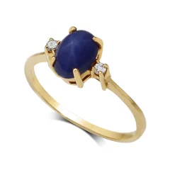 14ct Yellow Gold Cabochon Star Sapphire and Single Cut Diamond 3 Stone Ring