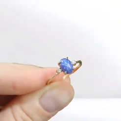 14ct Yellow Gold Cabochon Star Sapphire and Single Cut Diamond 3 Stone Ring