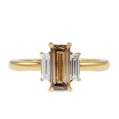 18ct Yellow Gold Champagne 3 Stone Baguette Diamond Ring