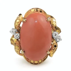 14ct Yellow Gold Coral and Diamond Cocktail Ring