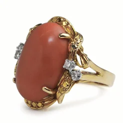 14ct Yellow Gold Coral and Diamond Cocktail Ring