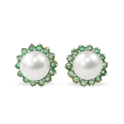 14ct Yellow Gold Cultured 7mm Pearl and Emerald Halo Stud Earrings