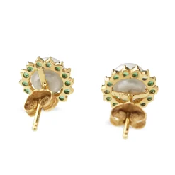 14ct Yellow Gold Cultured 7mm Pearl and Emerald Halo Stud Earrings