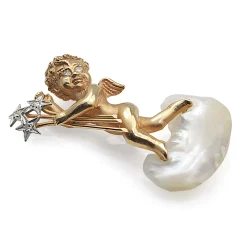 14ct Yellow Gold Cupid / Angel Pearl and Diamond Brooch