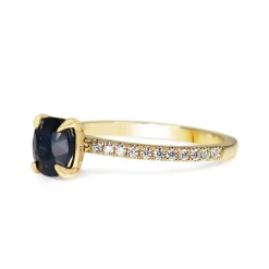 18ct Yellow Gold Cushion Sapphire and Diamond Solitaire Ring