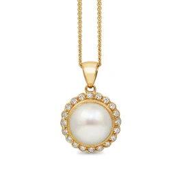 9ct Yellow Gold Daisy Style Pearl and Diamond Necklace
