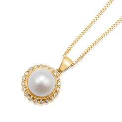 9ct Yellow Gold Daisy Style Pearl and Diamond Necklace