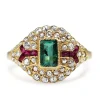 14ct Yellow Gold Deco Style Emerald, Ruby and Rose Cut Diamond Ring