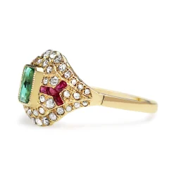 14ct Yellow Gold Deco Style Emerald, Ruby and Rose Cut Diamond Ring