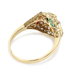 14ct Yellow Gold Deco Style Emerald, Ruby and Rose Cut Diamond Ring