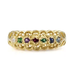 18ct Yellow Gold Diamond, Emerald, Amethyst, Ruby, Sapphire and Topaz 'Dearest' Ring