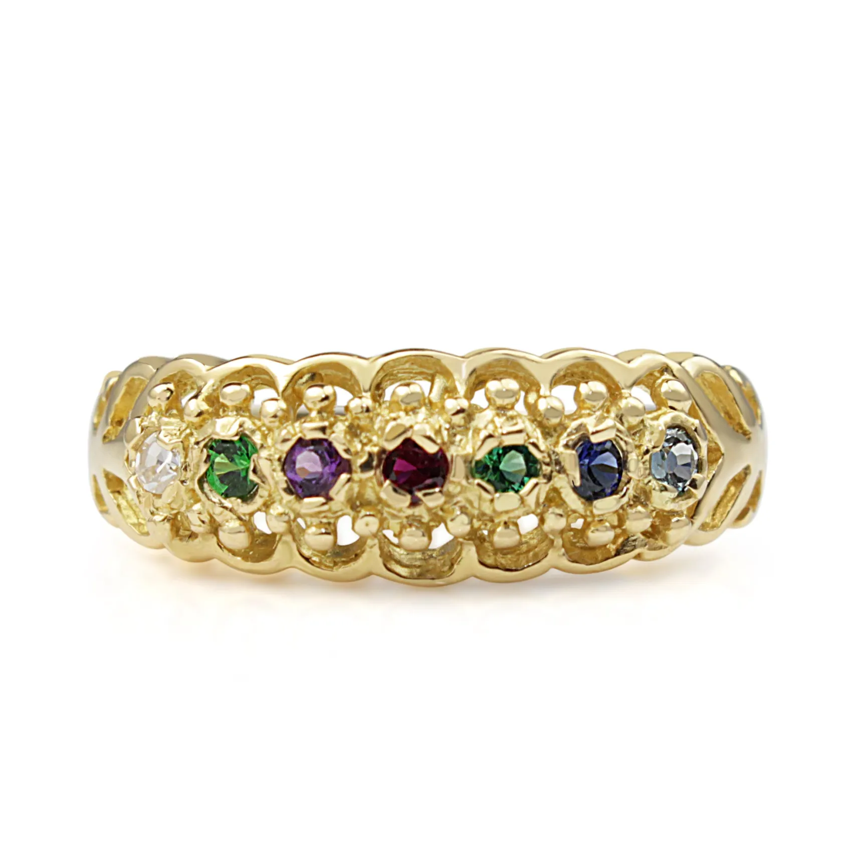 18ct Yellow Gold Diamond, Emerald, Amethyst, Ruby, Sapphire and Topaz 'Dearest' Ring