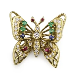 18ct Yellow Gold Diamond, Emerald, Sapphire and Ruby Butterfly Brooch