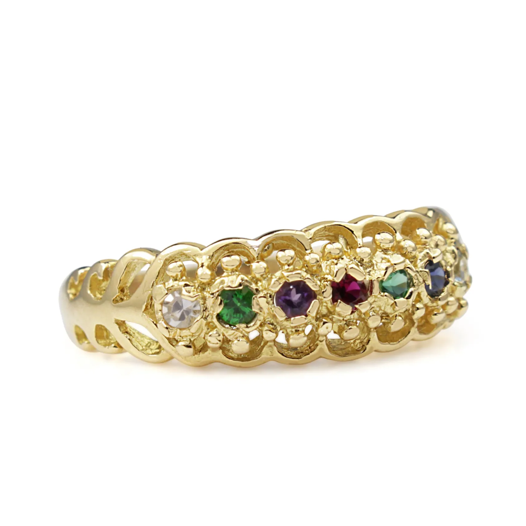 18ct Yellow Gold Diamond, Emerald, Amethyst, Ruby, Sapphire and Topaz 'Dearest' Ring