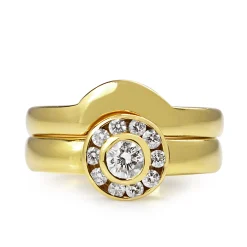 18ct Yellow Gold Diamond Halo Ring With Matching Wedding Band - Ring Set
