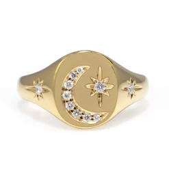 18ct Yellow Gold Diamond Moon and Stars Signet Ring