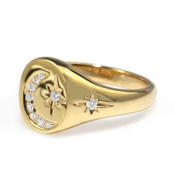 18ct Yellow Gold Diamond Moon and Stars Signet Ring