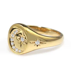 9ct Yellow Gold Diamond Moon and Stars Signet Ring