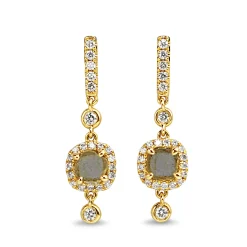 18ct Yellow Gold Diamond Slice / Portrait Halo Drop Earrings