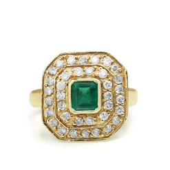 18ct Yellow Gold Emerald and Diamond Double Halo Ring