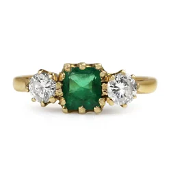 18ct Yellow Gold Emerald and Diamond 3 Stone Ring