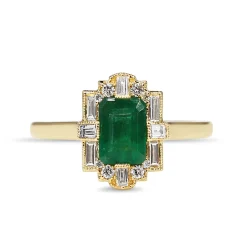 18ct Yellow Gold Emerald and Baguette Diamond Halo Art Deco Style Ring
