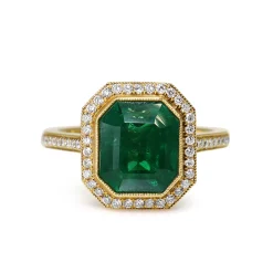 18ct Yellow Gold Emerald and Diamond Halo Ring