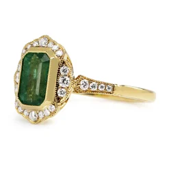 18ct Yellow Gold Emerald and Diamond Halo Vintage Style Ring