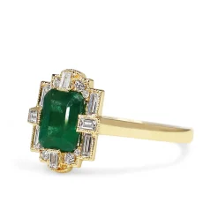 18ct Yellow Gold Emerald and Baguette Diamond Halo Art Deco Style Ring