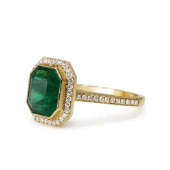 18ct Yellow Gold Emerald and Diamond Halo Ring