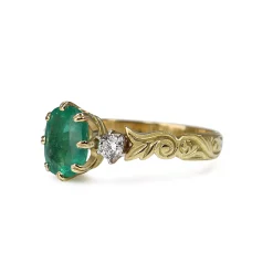 18ct Yellow Gold Emerald and Diamond Vintage Style Ring With Etched Band