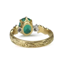 18ct Yellow Gold Emerald and Diamond Vintage Style Ring With Etched Band