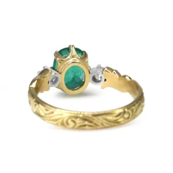 18ct Yellow Gold Emerald and Diamond Vintage Style Ring With Etched Band