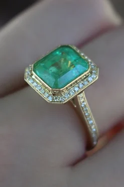 18ct Yellow Gold Emerald and Diamond Halo Ring