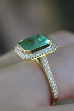 18ct Yellow Gold Emerald and Diamond Halo Ring