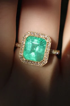 18ct Yellow Gold Emerald and Diamond Halo Ring