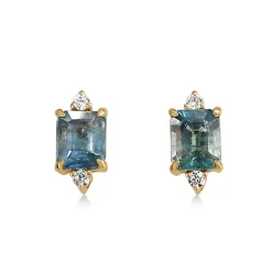 18ct Yellow Gold Emerald Cut Sapphire and Diamond Stud Earrings