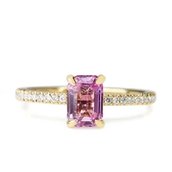 18ct Yellow Gold Emerald Cut Pink Sapphire and Diamond Ring
