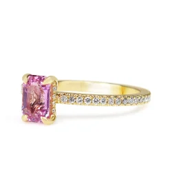 18ct Yellow Gold Emerald Cut Pink Sapphire and Diamond Ring