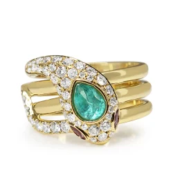 18ct Yellow Gold Emerald, Ruby and Diamond Snake / Serpent Ring