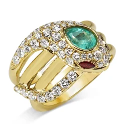 18ct Yellow Gold Emerald, Ruby and Diamond Snake / Serpent Ring