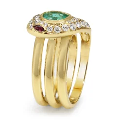 18ct Yellow Gold Emerald, Ruby and Diamond Snake / Serpent Ring