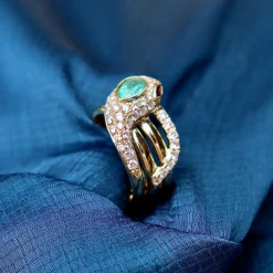 18ct Yellow Gold Emerald, Ruby and Diamond Snake / Serpent Ring