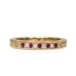 9ct Yellow Gold Etched Ruby and Diamond Band Ring